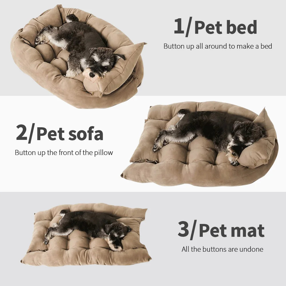 NNEOBA 3-in-1 Multifunction Dog And Cat Bed Soft Cotton Convertible Pet Mat Brown-1