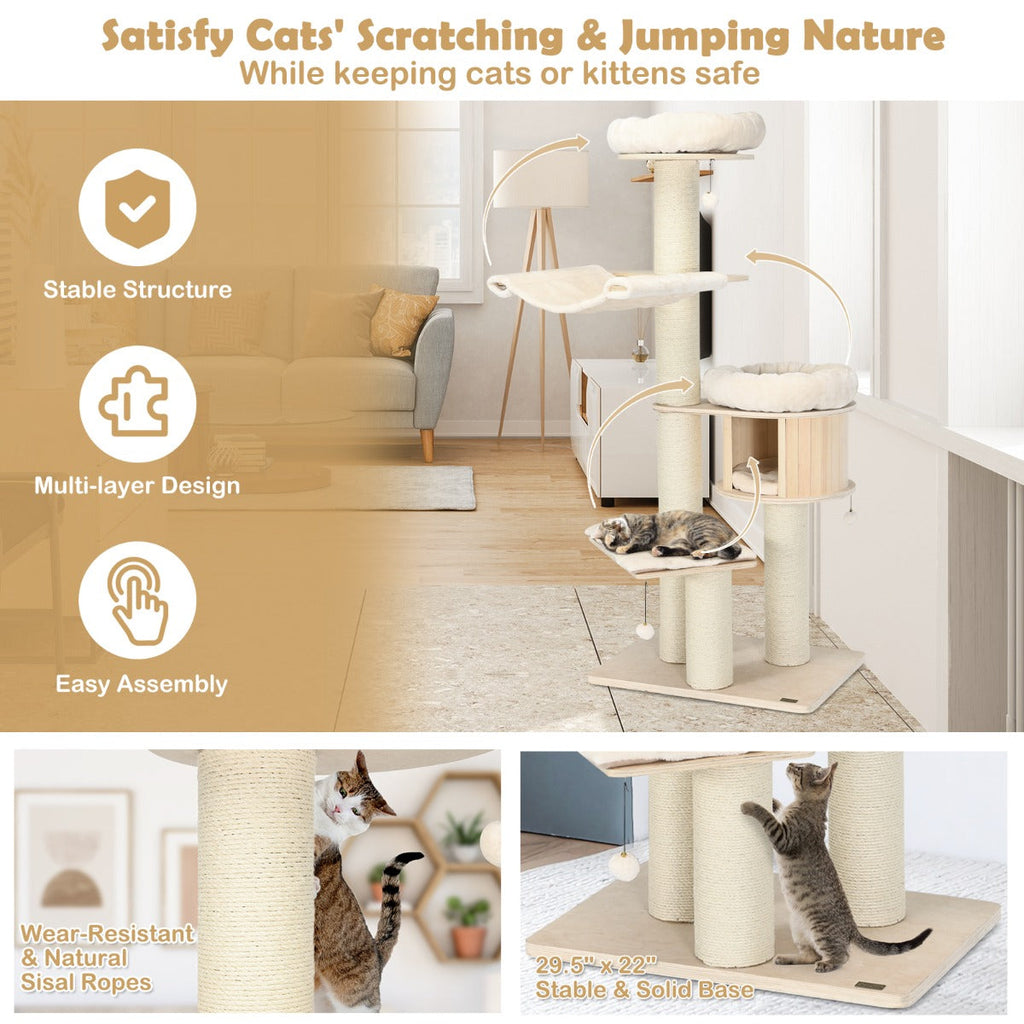 NNECW 4-Layer Solid Wood Cat Tree for Kitten & Adult Cat-2